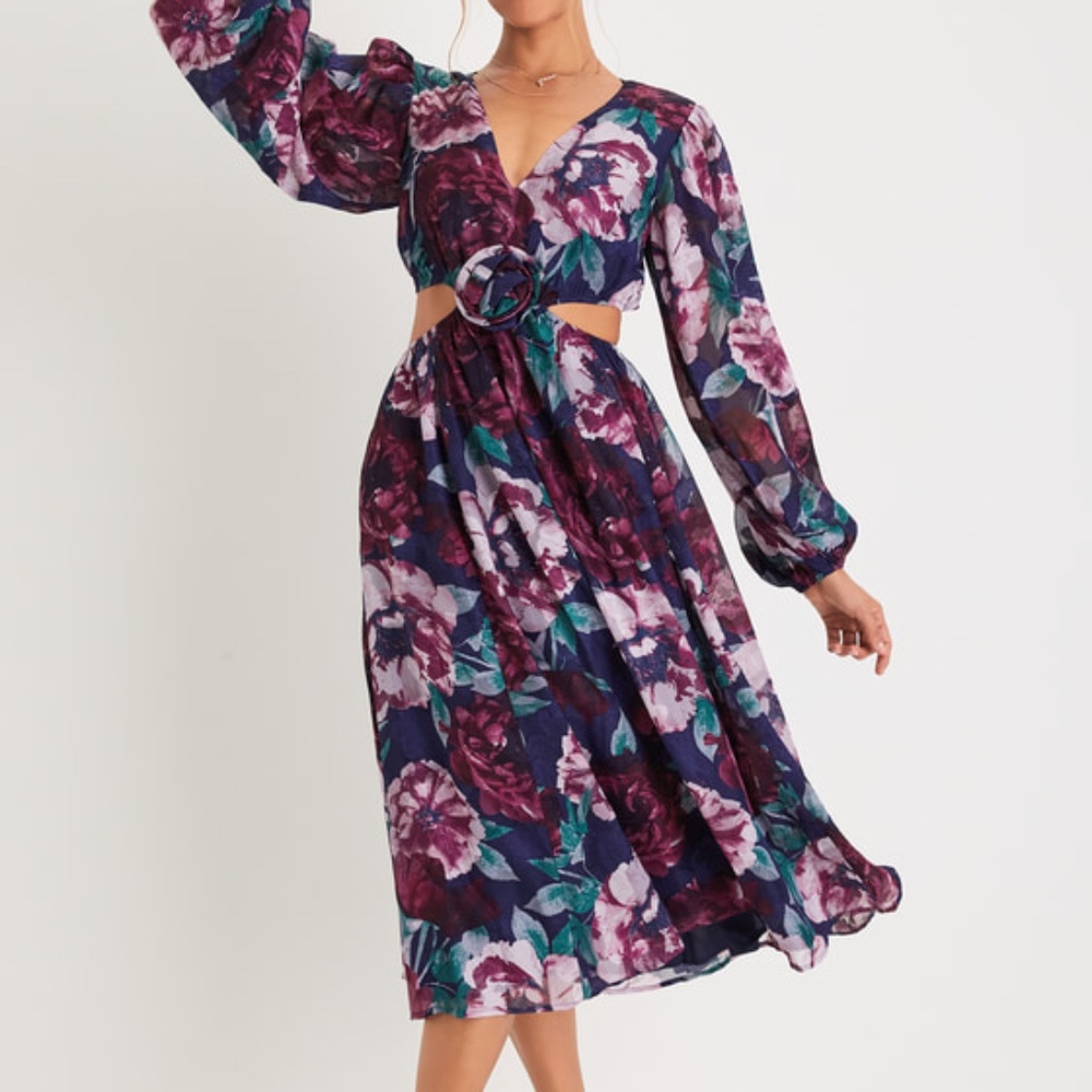 Lulus Garden Gem Navy Blue Floral Jacquard Cutout Rosette Midi Dress - Size S